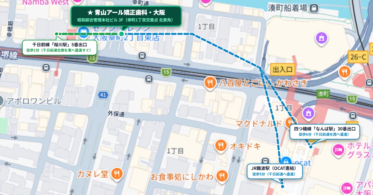桜川駅・なんば駅・JR難波駅からのアクセスマップ（千日前通沿い徒歩1分〜6分）